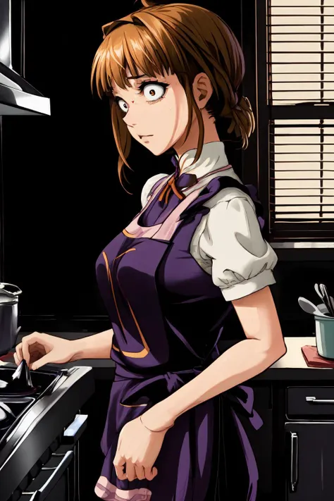 masterpiece,best quality,1girl,mature female,eva-umineko,((kitchen apron)),constricted pupils,wide-eyed,scared,nervous,sweatdrop,standing,looking to the side,holding food,kitchen,indoors,from side,<lora:Eva-Umineko:0.8>,<lora:constricted_pupils_v0.2a:1>,