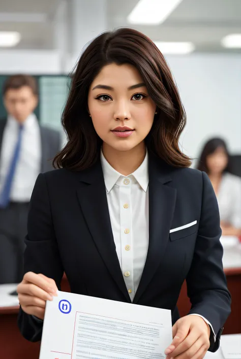 hoto of (Ell3nT4m4k101:0.99), a woman as a sexy secretary, (in a expensive office:1.2), (holding folders:1.1), (CNN logo), modelshoot style, (extremely detailed CG unity 8k wallpaper), photo of the most beautiful artwork in the world, professional majestic oil painting by Ed Blinkey, Atey Ghailan, Studio Ghibli, by Jeremy Mann, Greg Manchess, Antonio Moro, trending on ArtStation, trending on CGSociety, Intricate, High Detail, (Sharp focus:1.1), dramatic, photorealistic painting art by midjourney and greg rutkowski, (wearing an office suit:1.2), ((looking at viewer)), (detailed pupils:1.3), (revealing outfit:1.2)
