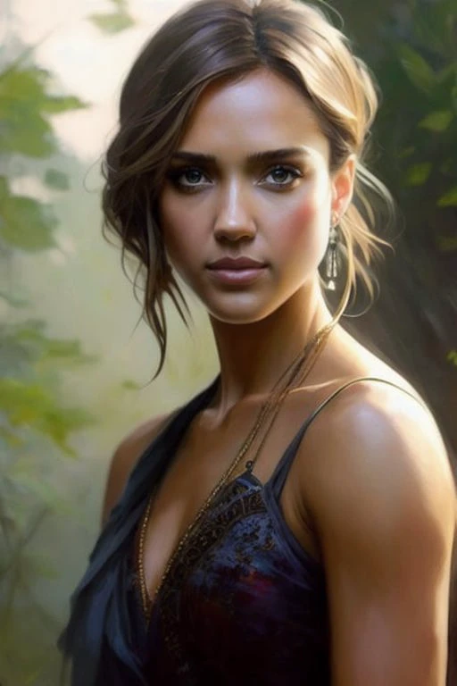 a portrait photo of (jessicaalba_ti-2100:1), modelshoot style, (extremely detailed CG unity 8k wallpaper), photo of the most beautiful artwork in the world, professional majestic oil painting by Ed Blinkey, Atey Ghailan, Studio Ghibli, by Jeremy Mann, Greg Manchess, Antonio Moro, trending on ArtStation, trending on CGSociety, Intricate, High Detail, Sharp focus, dramatic, photorealistic painting art by midjourney and greg rutkowski,