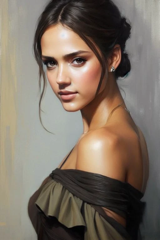 a portrait photo of (jessicaalba_ti-2100:1), modelshoot style, (extremely detailed CG unity 8k wallpaper), photo of the most beautiful artwork in the world, professional majestic oil painting by Ed Blinkey, Atey Ghailan, Studio Ghibli, by Jeremy Mann, Greg Manchess, Antonio Moro, trending on ArtStation, trending on CGSociety, Intricate, High Detail, Sharp focus, dramatic, photorealistic painting art by midjourney and greg rutkowski,
