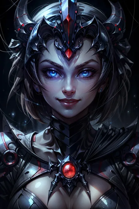 (masterpiece, best quality:1.3)
<lora:epi_noiseoffset2:1> <lora:add_detail:0.7>  <lora:SmiteArachne:0.8>
SmiteArachne, 1girl, solo, looking at viewer, smile, blue eyes, lips, glowing, robot, black background, portrait, glowing eyes, evil smile, silk, spider web, spider web print, spider