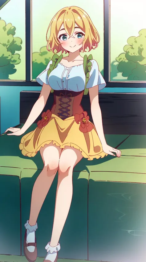 䏿µ·éº»ç¾ ,<lora:䏿µ·éº»ç¾1V-000010:0.8>,1girl,short hair,blonde hair,hair between eyes,green eyes,blush,gradient hair,shiny hair,bangs,smile, solo,
blue shirt,red flower,socks,yellow skirt,brown corset,white shirt,green frilled jacket,
red_footwear,, Exquisite visuals, high-definition,masterpiece,best quality,