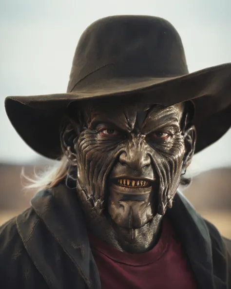 (masterpiece:1.2), (best quality:1.2), (detailed:1.2), close up photo of jcreepr, brown coat, red shirt, wide brim hat, uhd, absurdres, looking at the camera, <lora:jcreepr-08:1>