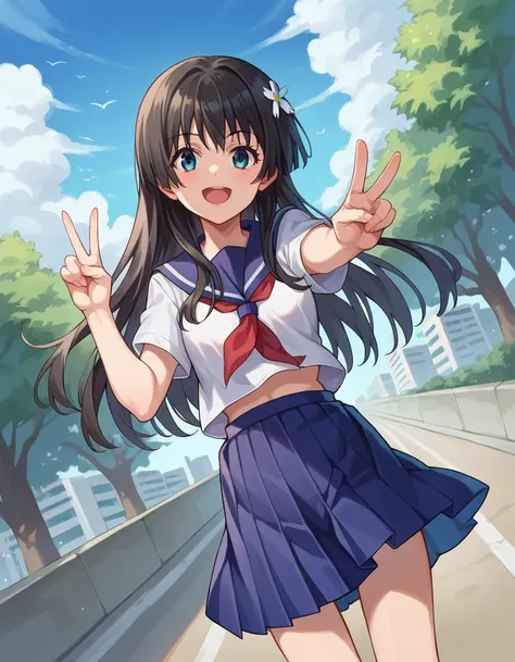 score_9, score_8_up, score_7_up, source_anime,
satenruiko, <lora:saten-ruiko-ponyxl-lora-nochekaiser:1>,
saten ruiko, black hair, blue eyes, long hair, hair ornament, flower ornament, smile,
blue skirt, pleated skirt, sakugawa school uniform, school uniform, serafuku, skirt, summer uniform,
outdoors, cityscape, peace sign,
looking at viewer, cowboy shot, dutch angle,
