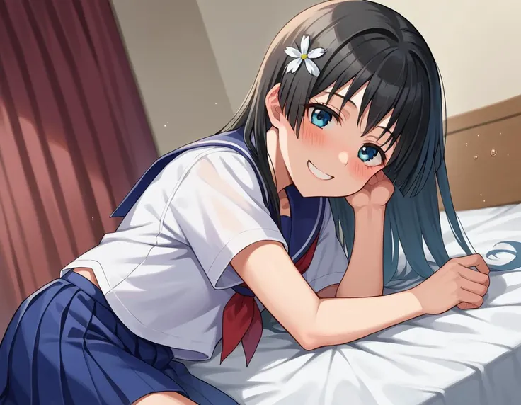 score_9, score_8_up, score_7_up, source_anime,
satenruiko, <lora:saten-ruiko-ponyxl-lora-nochekaiser:1>,
saten ruiko, black hair, blue eyes, long hair, hair ornament, flower ornament, smile,
blue skirt, pleated skirt, sakugawa school uniform, school uniform, serafuku, skirt, summer uniform,
indoors, bed, bed room, on side, blush, drunk,
looking at viewer, cowboy shot, dutch angle,