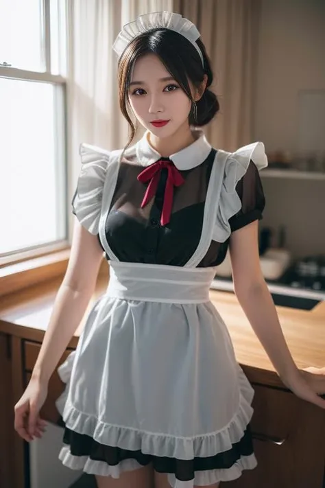 ultra-detailed,highly detailed,best quality,masterpiece,illustration,realistic,
nvpu, 1girl, solo, maid, cosplay,
maid headdress,maid apron, neck ribbon, waist bow, see-through, naked,underwear,
looking at viewer,
<lora:nvpu maid_v1_01:0.7>