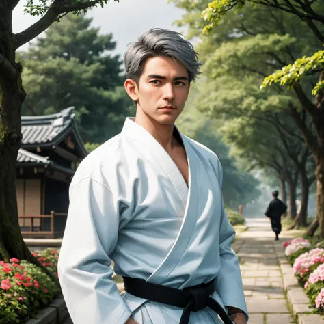 (biopunk style, giger style:0.86), gloomy, a 40yo male judoka with a white judogi and a black belt, face, very short haircut, grey hair, slim body, traditional japanese town in fantasy style, blurred, sunny weather, trees, flowers, 8k uhd, high quality, <lora:realcartoon3d_v15:1>