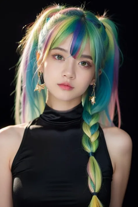 Real portrait photography,(black background) BREAK women's clothing,highres,sharp,Soft light,high light BREAK 1girl,(Rainbow hair, neon green hair:1.2),(dreadlocks),<lora:ClothingAdjuster3:-0.3>,<lora:S-shape body(1.5-2.5)_v1.0:-0.3>,high res,4k masterpiece,high quality,