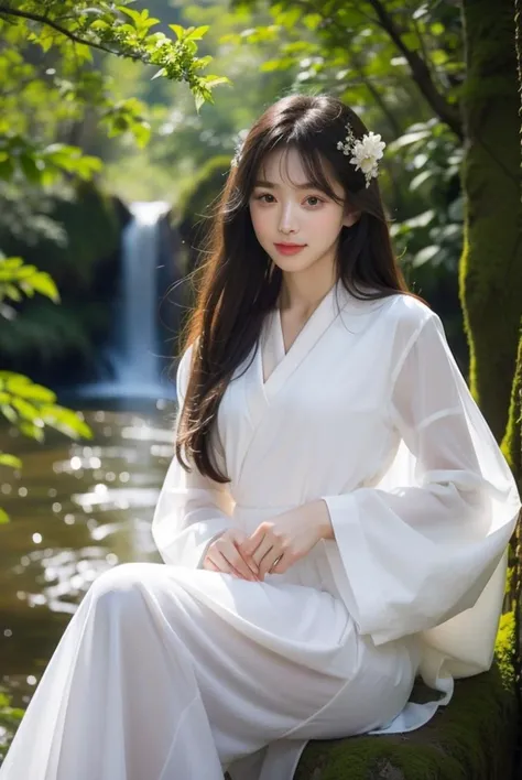 waterfall,(Clear,light-transmitting forest , details),soft light,blurry light,
in white Japanese translucent clothing,
a stunning young ethereal figure,
[[Cherry blossoms]],sitting,
spring,love song,(in a forest),<lora:S-shape body(1.5-2.5)_v1.0:-0.2>,<lora:ClothingAdjuster3:-0.4>,