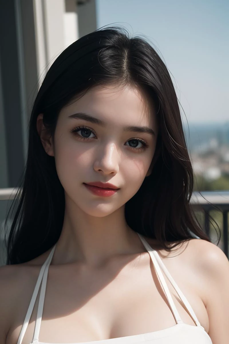 (RAW photo, best quality:1.1),(realistic, photo-realistic:1.331),best quality,masterpiece,an extremely delicate and beautiful,extremely detailed,CG,unity,8k wallpaper,Amazing,finely detail,absurdres,incredibly absurdres,huge filesize,ultra-detailed,highres,extremely detailed,
1girl,solo,a beautiful young girl,(extremely detailed face and eyes),[sparkling eyes],(brown eyes),long black hair,(mid-long hair),((white halter top)),jeans,bare shoulders,((meticulous skin)),(medium breasts:1.2),clavicle exposed,makeup,smile,(sweet smile:1.1),
cityscape,outdoors,((balcony)),(dusk:1.1),[light on the face],((portrait:1.2)),(front view:1.3),bust,(look at the camera:1.1),((looking_at_viewer)),depth of field,
(film grain:1.2),film overlay,film photo,InstantPhoto,Dark Style,<lora:JPfilmColor_Heavy_grain:1>,<lora:+InstantPhotoX3:0.6>,<lora:koreanDollLikeness:0.7>,<lora:add_detail:1.1>,<lora:add_saturation:-3>,<lora:S-shape body:0.3>,<lora:Dark Style v1.0:0.5 >,<lora:polyhdron_all_in_one_eyes_hands_skin_fin:1>,