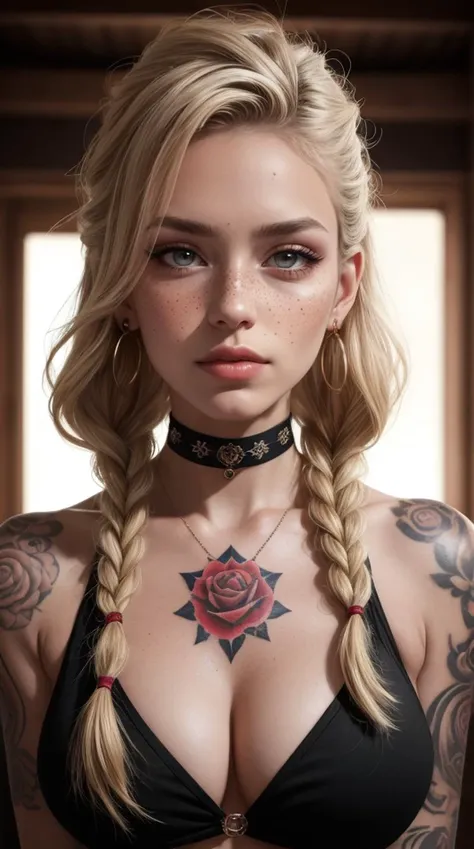 SFW,highest quality,woman,27 year old,backlighting,black choker,blurry background,blush,closed mouth,collarbone,earrings,forehead,freckles,hair over shoulder,jewelry,long hair,looking down,pointy nose,lips glossy,shadow,solo,thick eyebrows,thick eyelashes,upper body, expressive eyes, medium eyes, detailed eyes,blond hair,braids,tattoos,tattoos on arms,black rose tattoos on neck,sun beams,warm light,cozy,((masterpiece)),