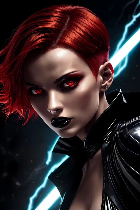 1girl, a glossy and frightening picture of a sith lady in dark robes, red hair with black streaks, (crazy short pixie cut:1), wild eyes, 25 years old, intense expression, anger, severe, dangerous, detailed beautiful face, glowing eyes, featuring vivid colors and high-contrast lighting. The image has a sleek, almost metallic texture, with the body depicted in a hyper-stylized way. (high-quality:1.3),(best-quality:1.3), (vivid colors:1.3), (glossy texture:1.2), (ultra-detailed:1.3), (photorealistic:1.3), raw photo, ultra quality, absurd-res, high detail raw color photo, professional photograph