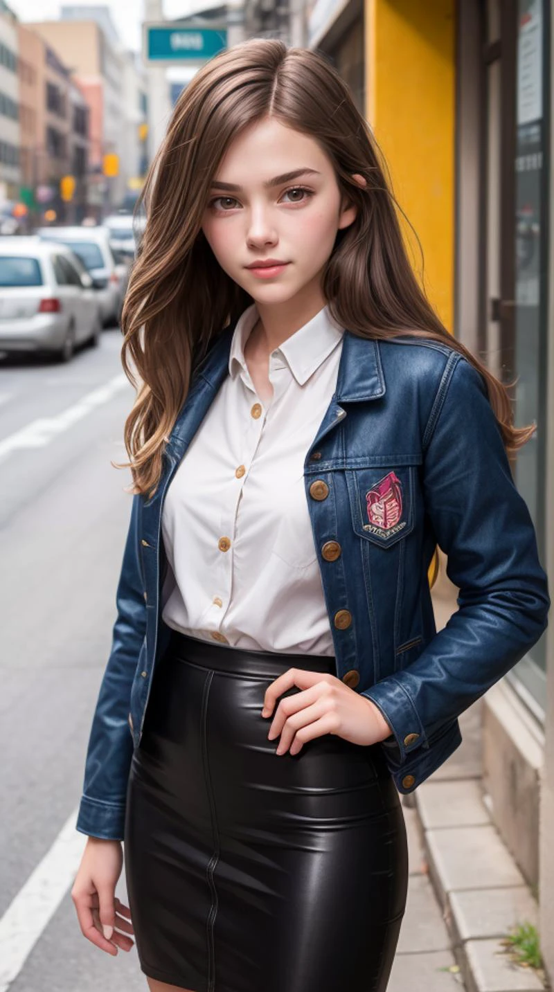 a photograph of (1girl, 19 years old, slight smile), <lora:ZH_DafneKeen_v1SD15:1>, zh_dafnekeen, solo, realistic, brown eyes, long hair, looking at viewer, wearing (jacket, button shirt, and pencil skirt)