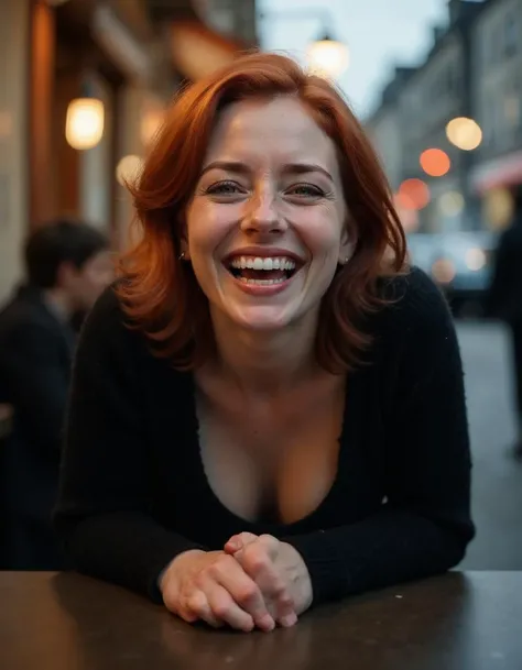 street photography, beautiful girl 20 years with a big smile, maniacal laughter, eyes closed, smile, red hair, blue eyes, pale skin, freckles, crawling on four, looking at viewer, on table, large breasts, cleavage, fully clothed, thick clothing, black sweater, detailed face, detailed hair