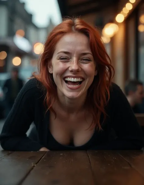 street photography, beautiful girl 20 years with a big smile, maniacal laughter, eyes closed, smile, red hair, blue eyes, pale skin, freckles, crawling on four, looking at viewer, on table, large breasts, cleavage, fully clothed, thick clothing, black sweater, detailed face, detailed hair