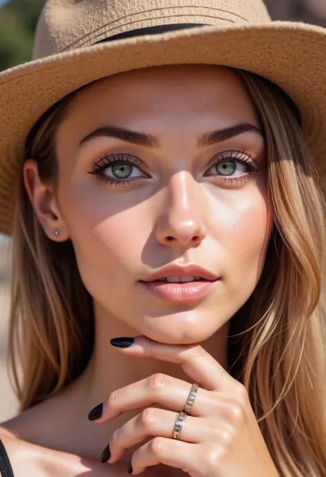 20 year old lady from brazil in sunlight in the grand canyon, eye and mouth closeup, ring, RAW photo, beautiful eyes, (gentle fingers with touching lips:0.1), macro shot, colorful details, award winning, high detailed, 8k, natural sun lighting, left hand black glitter fingernails touching chin, mixed green and blue eyes, golden hair, <lora:FLUX\Anti-BlurFLUX:0.3>, <lora:FLUX\topmodel-000001:0.7>