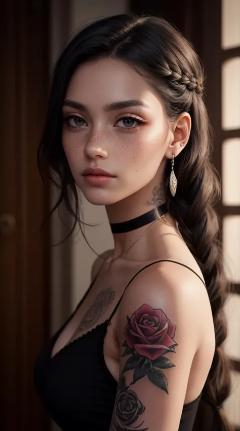 SFW,highest quality,woman,27 year old,backlighting,black choker,blurry background,blush,closed mouth,collarbone,earrings,forehead,freckles,hair over shoulder,jewelry,long hair,looking down,pointy nose,lips glossy,shadow,solo,thick eyebrows,thick eyelashes,upper body, expressive eyes, medium eyes, detailed eyes,black hair,braids,tattoos,tattoos on arms,black rose tattoos on neck,sun beams,warm light,cozy,((masterpiece)),