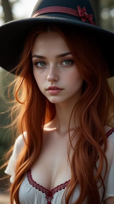 photorealistic, 35mm, intricate details, hdr, intricate details, hyperdetailed, natural skin texture, hyperrealism, sharp, 1 girl, adult (elven:0.7) woman, freckles, grey eyes, chestnut layered hair, portrait, looking down, solo, half shot, detailed background, witch hat, witch, magical atmosphere, hair flowing in the wind, red trimmed light colored clothes, whirlwind of swirling magic spell in the air, dark magic, (style-swirlmagic:0.8), floating particles,  <lora:topmodel_epoch_1:1>