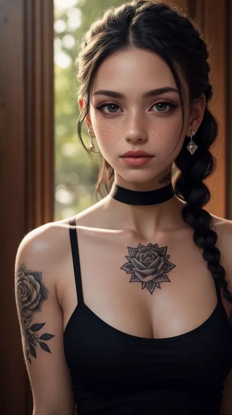 SFW,highest quality,woman,27 year old,backlighting,black choker,blurry background,blush,closed mouth,collarbone,earrings,forehead,freckles,hair over shoulder,jewelry,long hair,looking down,pointy nose,lips glossy,shadow,solo,thick eyebrows,thick eyelashes,upper body, expressive eyes, medium eyes, detailed eyes,black hair,braids,tattoos,tattoos on arms,black rose tattoos on neck,sun beams,warm light,cozy,((masterpiece)),