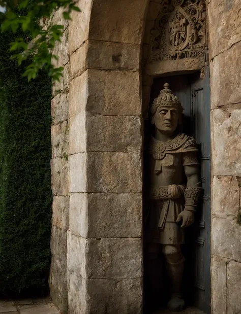 RAW photo, a sad stone golem, guarding a cursed door, looking at the camera, uneasy gaze, crubling mask, ominously dressed, sweeping the garden, towers on the horizon, ponds, tired gaze, mossy walls, light skin, high detailed skin, <lora:[S] 80s Movie Style:1>, 8k uhd, dslr, soft lighting, high quality, film grain, Fujifilm XT3