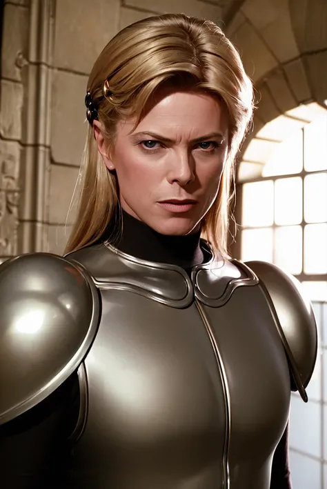 masterpiece, (photorealistic:1.5), realistic, best quality, beautiful lighting, professional lighting, film grain, analog film, 80s, male focus, blonde hair, armor, 1boy, david bowie, long hair, solo, blonde hair, indoors, medieval, fantasy, castle, upper body <lora:80s_offset:1>