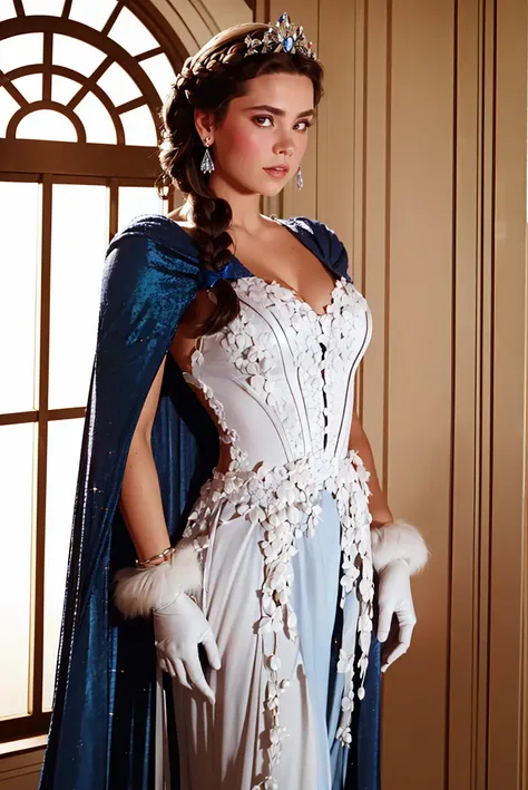 masterpiece, (photorealistic:1.5), realistic, best quality, beautiful lighting, professional lighting, film grain, analog film, 80s, 1girl, aqua gemstone, blue bow, blue dress, blue gemstone, blue hair, blunt bangs, bow, braid, cape, closed mouth, colored inner hair, dress, earrings, feet out of frame, french braid, fur-trimmed cape, fur trim, gem, glint, gloves, gown, jewelry, long hair, looking ahead, multicolored hair, pink eyes, princess, scepter, sleeves past elbows, solo, sparkle, standing, streaked hair, tiara, triangle earrings, white cape, white gloves, white hair, window <lora:80s_offset:1>