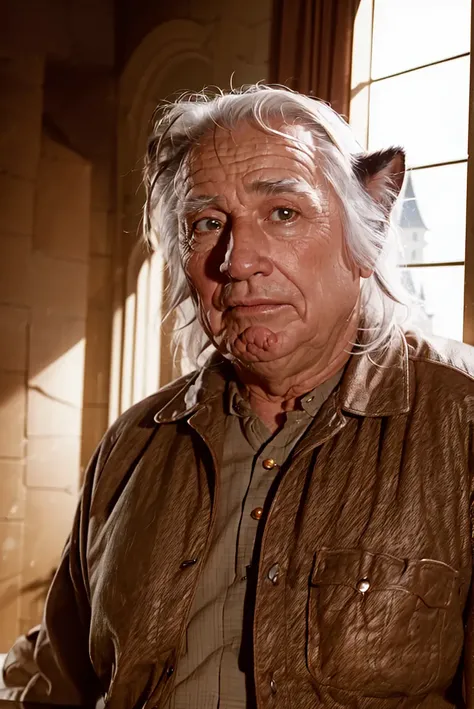 masterpiece, (photorealistic:1.5), realistic, best quality, beautiful lighting, professional lighting, film grain, 80s, male focus, solo, 1boy, old, realistic, old man, white hair, furry, facial hair, furry male, animal ears, castle interior, parody, (analog film:1.3) <lora:80s_offset:1>