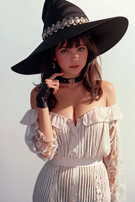 masterpiece, (photorealistic:1.5), realistic, best quality, beautiful lighting, professional lighting, film grain, analog film, 80s, megumin, 1girl,  shoulders, black cape, black gloves, black hair, blush, cape, choker, collarbone, dress, fingerless gloves, gloves, hair between eyes, hat, long sleeves, looking at viewer, medium hair, off-shoulder  shoulder, red dress, red eyes, sidelocks, simple background, solo,white background, witch hat <lora:80s_offset:1>