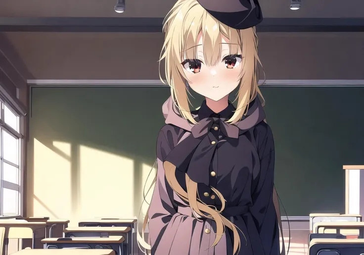 masterpiece, best quality, 1 girl, <lora:ariharaNanamiRiddleJoker_v1E2:0.7>, nanami, yellow hair, red eyes, black suit, black skirt, hat, classroom, cowboy shot