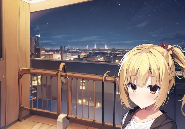 masterpiece, best quality, 1 girl, <lora:ariharaNanamiRiddleJoker_v1E2:0.7>, nanami, yellow hair, red eyes, rooftop, buildings, night cowboy shot