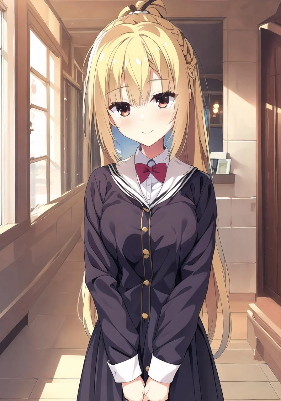 masterpiece, best quality, 1 girl, <lora:ariharaNanamiRiddleJoker_v1E2:0.7>, nanami, yellow hair, red eyes, uniforms, class corridor,