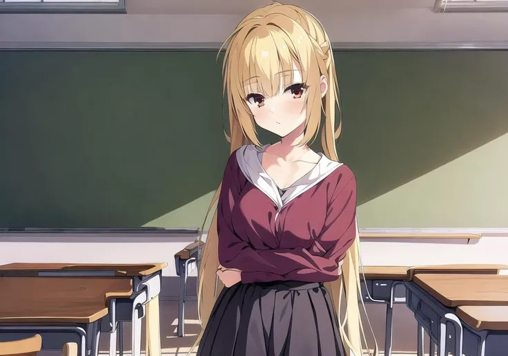 masterpiece, best quality, 1 girl, <lora:ariharaNanamiRiddleJoker_v1E2:0.7>, nanami, yellow hair, red eyes, agent suit, classroom, cowboy shot