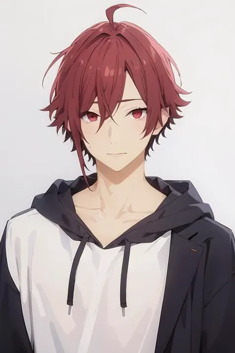 masterpiece, best quality, high quality, 1boy, solo, male focus, looking at viewer, upper body, <lora:akane_yanagi:0.74>, akane_yanagi, red hair, red eyes, hair between eyes, ahoge, realistic, hoodie