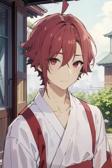 masterpiece, best quality, high quality, 1boy, solo, male focus, looking at viewer, upper body, <lora:akane_yanagi:0.62>, akane_yanagi, red hair, red eyes, hair between eyes, ahoge, , yukata