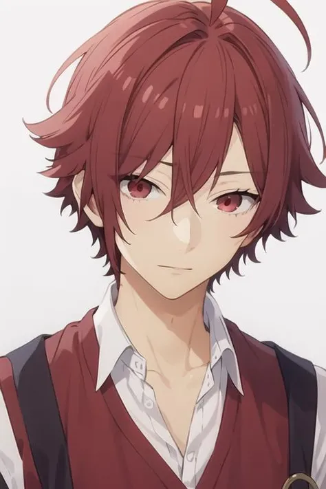 masterpiece, best quality, high quality, 1boy, solo, male focus, looking at viewer, upper body, <lora:akane_yanagi:0.56>, akane_yanagi, red hair, red eyes, hair between eyes, ahoge, , school uniform