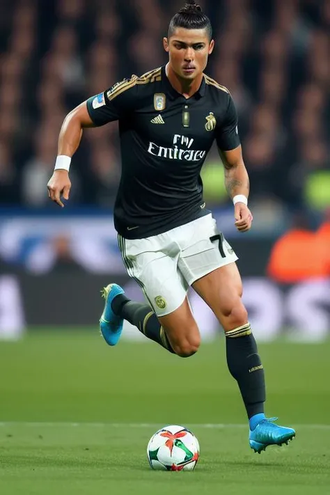 ronaldo portrait, photo,  of man, kicking a football on the pitch, (masterpiece), (best quality), (detailed), (8k), (HDR), (wallpaper), (cinematic lighting), (sharp focus), (intricate)