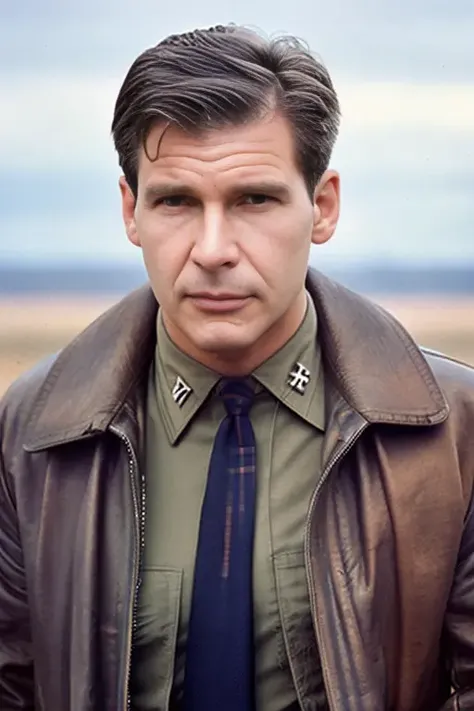 <lora:hf1nd1anasolo:0.9>, a Medium Full Shot of a man as a 1945 fighter pilot, wearing a 1945 Air Force pilot jacket and a tie, Detailed Face, (perfect detailed eyes), (highly detailed skin:1.1), perfect Slim body, Professional Photography, soft lighting, PHOTOREALISTIC, Realistic, dramatic sunset, standing on an airfield with 1945 B-17 bombers in background, RAW, analog, sharp focus, 8k, high resolution, DSLR, high quality, Fujifilm XT3, award winning, masterpiece