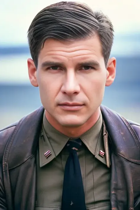 <lora:hf1nd1anasolo:0.9>, a medium-shot photo of a man as a 1945 fighter pilot with (a short buzz cut hair style), wearing 1945 Air Force pilot jacket and a tie and a military hat, Detailed Face, (perfect detailed eyes), (highly detailed skin:1.1), perfect Slim body, Professional Photography, soft lighting, PHOTOREALISTIC, Realistic, sunset, standing on airfield with fighter airplanes background, blurred background, RAW, analog, sharp focus, 8k, high resolution, DSLR, high quality, Fujifilm XT3, award winning, masterpiece