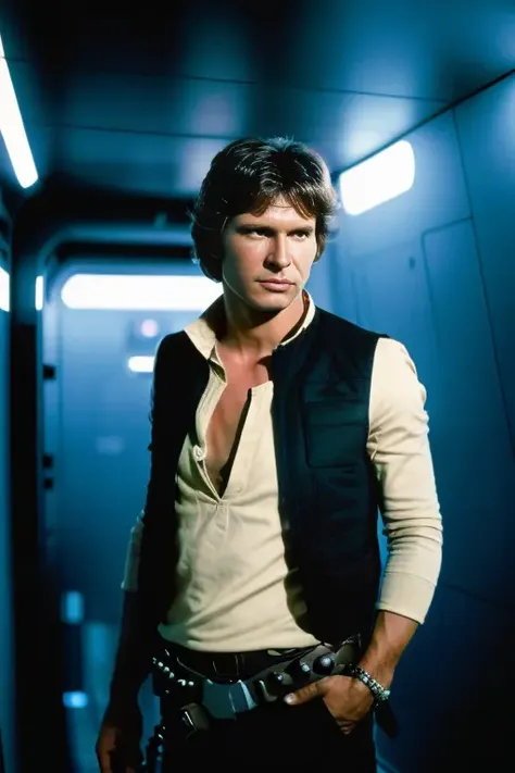 Realistic portrait of  (<lora:hf1nd1anasolo:0.9>) young man wearing a vest and shirt and dark pants, Star Wars film, (highly detailed Face:1.1), (highly detailed eyes:1.1), (highly detailed skin:1.1), perfect body, modelshoot pose, Professional Photography, cinematic, dramatic lighting, PHOTOREALISTIC, standing in a spaceship corridor background, RAW, analog, sharp focus, 8k, high resolution, DSLR, high quality, Fujifilm XT3, grain, award winning, masterpiece
