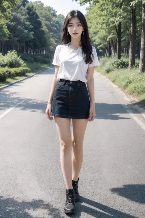 cinematic photo 1girl,brown eyes,(black long straight hair:1.2),(full body:1.5),looking at viewer,8k uhd,dslr,soft lighting,high quality,film overlay,film grain,Fujifilm XT3,outdoors,photorealistic,realistic,solo,upper body,richly defined face,dewy skin,products shot,(high detailed skin:1.2),detailed face and eyes,natural skin texture,highly detailed skin,textured skin,skin pores,imperfect skin,visible skin detail,detailed skin texture,dynamic pose,windy,young beauty,earrings,hairpin,necklace,architecture,east asian,riverside,forest,outdoors,sun light,<lora:b_girl:0.5>,white_t-shirt,<lora:white_t-shirt:0.8>,