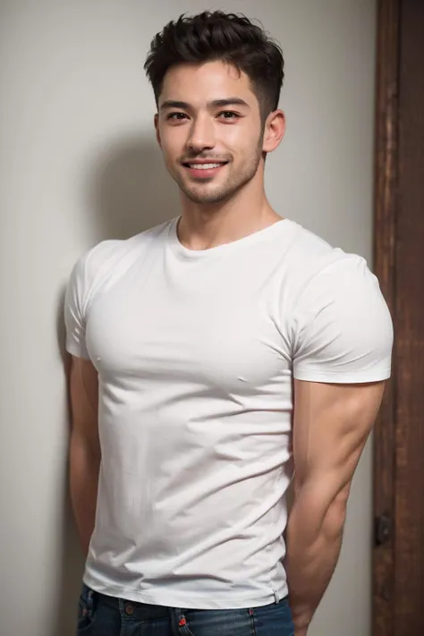 ((Highest quality, 8K, Masterpiece: 1.3))、Cool Thai man, 1A man who has、 yo、Good appearance、Beautiful nose、smile、 Detailed eyes and face、beautiful light、(studio)、high resolution、(Look at the viewer.)、Fine mouth、smile、whole body: 1.5, perfect shape: 1.3, Picture of both shoulders:1.3, Gray round neck t-shirt:1.5