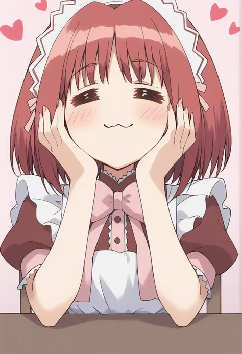 score_9, score_8_up, score_7_up, source_anime BREAK
momomiya ichigo, waitress, 1girl, solo, maid, :3, = =, closed eyes, blush, hands on own face, short hair, red hair, hands on own cheeks, maid headdress, pink hair, smile, ribbon, short sleeves, bowtie, head rest, pink bow, upper body, closed mouth, maid apron, dress, puffy sleeves, frills, hairband, enmaided, bangs, eyebrows visible through hair, headdress, white apron, indoors, table, heart, chair, sitting, 
<lora:mew_ichigo_momomiya_ichigo_sdxl_locon_pony_v1:0.7> <lora:ChamElfExpressionPonyXL:1>