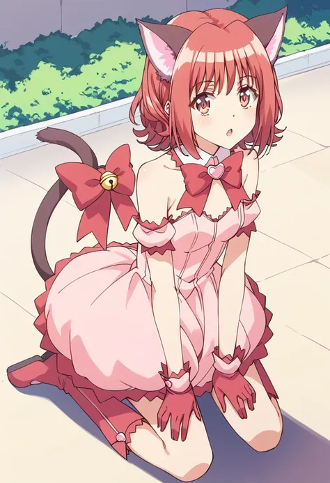 score_9, score_8_up, score_7_up, source_anime BREAK
mew ichigo, 1girl, cat ears, cat tail, solo, tail bow, short hair, pink choker, red hair, sitting, red eyes, pink hair, puffy detached sleeves, open mouth, kneeling, pink eyes, bubble skirt, boots, wariza, red gloves, looking at viewer, bare shoulders, tail bell, red bow, tail ribbon, pink dress, pink footwear, full body, pink bow, flipped hair, bowtie, pink gloves, arm garter, :o, seiza, pink skirt, outdoors, brown eyes, detached collar, small breasts, pink legwear, shadow, puffy sleeves, red footwear, bangs, hands on own knees, looking up, cat girl, detached sleeves
<lora:mew_ichigo_momomiya_ichigo_sdxl_locon_pony_v1:0.7>