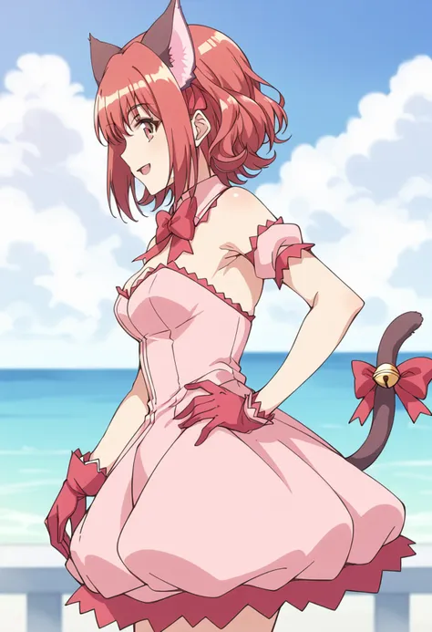 score_9, score_8_up, score_7_up, source_anime BREAK
mew ichigo, 1girl, solo, cat ears, cat tail, tail ornament, pink hair, tail bow, pink eyes, short hair, open mouth, profile, red gloves, from side, looking at viewer, bare shoulders, puffy detached sleeves, pink dress, detached sleeves, red bow, bowtie, tail ribbon, pink gloves, red hair, puffy short sleeves, red eyes, outdoors, eyebrows visible through hair, pink bow, blurry background, pink choker, strapless dress, detached collar, upper body, bangs, medium hair, medium breasts, armpits, hand on hip, depth of field, smile, glove bow, red neckwear, shiny hair, tail bell, sleeveless dress, day, hands on hips, pink neckwear, cat girl, red ribbon, arm garter, sidelocks, standing, brown eyes, animal ear fluff, cowboy shot, collar, sky, anime coloring
<lora:mew_ichigo_momomiya_ichigo_sdxl_locon_pony_v1:0.7>