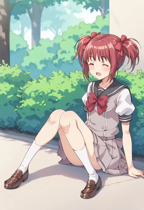 score_9, score_8_up, score_7_up, source_anime BREAK
momomiya ichigo, school uniform, 1girl, twintails, solo, closed eyes, pink hair, serafuku, short hair, sitting, red hair, open mouth, tree, short twintails, socks, hair bow, hair ribbon, loafers, depth of field, bush, arm support, outdoors, sailor dress, brown footwear, short sleeves, red bow, white legwear, skirt, convenient censoring, knees together feet apart, full body, hair ornament, puffy sleeves, shadow, on ground, surprised, convenient leg, embarrassed
<lora:mew_ichigo_momomiya_ichigo_sdxl_locon_pony_v1:0.7>