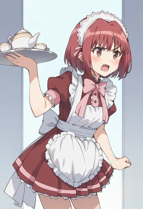 score_9, score_8_up, score_7_up, source_anime BREAK
momomiya ichigo, waitress, 1girl, solo, maid, fang, maid headdress, short hair, tray, apron, red hair, open mouth, brown eyes, blush, teapot, enmaided, maid apron, frills, teacup, angry, red eyes, pink bow, brown hair, puffy short sleeves, bowtie, red dress, pink hair, plate, standing, skirt, bob cut, v-shaped eyebrows, indoors, cowboy shot, pink ribbon, holding tray
<lora:mew_ichigo_momomiya_ichigo_sdxl_locon_pony_v1:0.7>