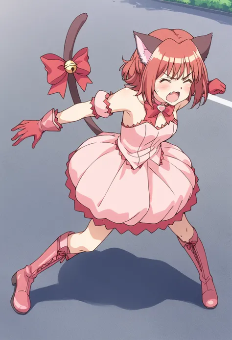 score_9, score_8_up, score_7_up, source_anime BREAK
mew ichigo, 1girl, solo, cat ears, closed eyes, > <, tail bow, tail ornament, cat tail, bell, fang, pink choker, short hair, pink hair, open mouth, skirt, red hair, tail bell, puffy detached sleeves, tail ribbon, knee boots, angry, pink bow, red gloves, blush, bubble skirt, pink footwear, detached sleeves, shouting, puffy sleeves, bare shoulders, red bow, pink dress, full body, garters, brown hair, running, pink headwear, outdoors, from above, road,
<lora:mew_ichigo_momomiya_ichigo_sdxl_locon_pony_v1:0.7>