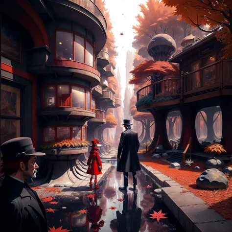 <lora:1970RetroFuturism:.9> 1970RetroFuturism, "a highly detailed epic cinematic concept art, a thin man in a black coat and bowler hat talks with small young girl who is dressed in a red coat and a red hat, park, autumn, 1923, wide angle, high detail, in style of Greg Rutkowski,"