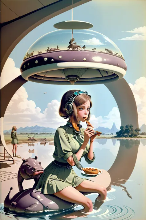 1girl eating while hippos frolic, <lora:1970RetroFuturism:0.8> 1970retrofuturism