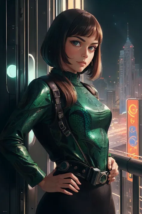 ASCIIportrait, solo, upper body, looking at viewer, detailed background, detailed face, (<lora:1970retrofuturism:0.6>, 1970retrofuturism, 1970s theme:1.1), spy, disguised, subterfuge, intrigue, secret mission, intelligence, gadgets, Green Lizard spy clothes, bridge in background, night cinematic atmosphere,